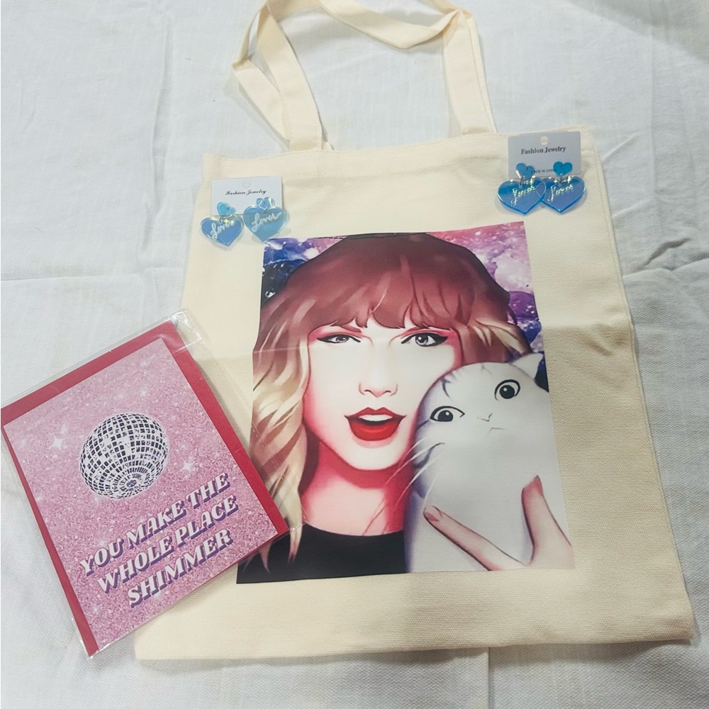 Taylor Swift Gift bag birthday tote. Lover earrings. Birthday card
